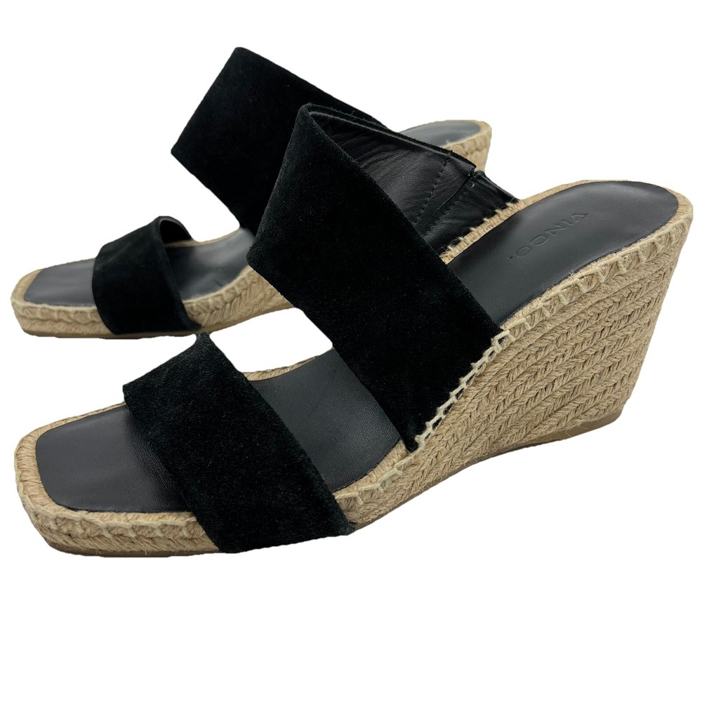 NEW Vince Garlin Black Suede Espadrille Wedge Sandals Square Toe‎ 8.5 Spain - Picture 2 of 12